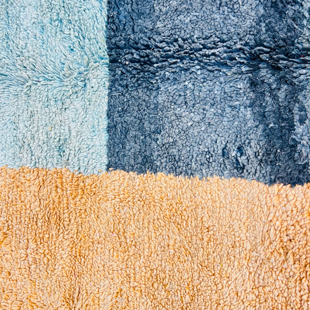 Color block pattern vintage Moroccan rug with burnt orange, turquoise, and blue tones, woven by Berber artisans, 9.2 x 5 ft.