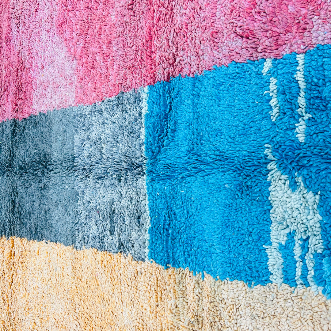 Vintage Moroccan color block rug in burnt orange, turquoise, cream. Berber craftsmanship, 100% wool, 280 x 155 cm. Moroccan rug 9x12.