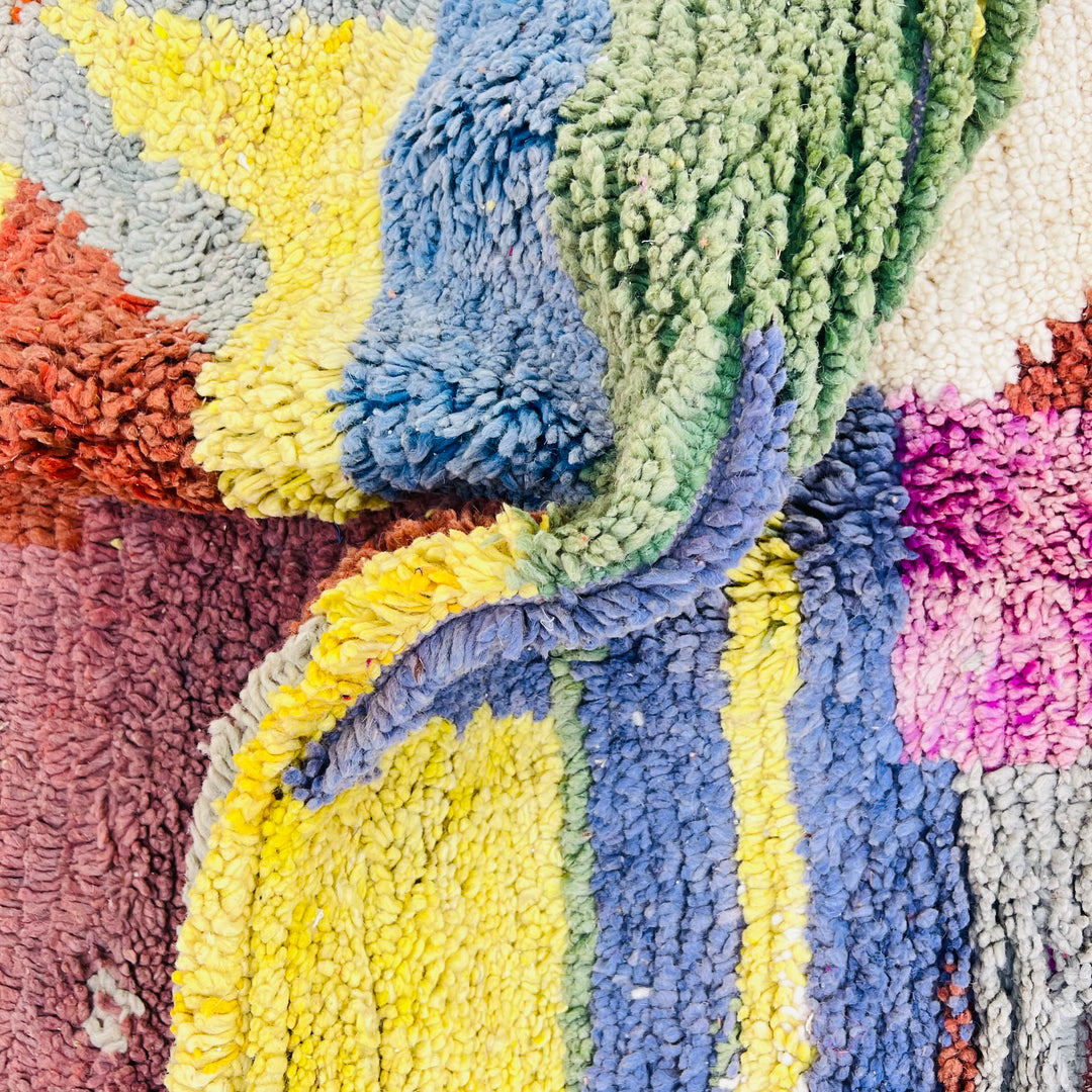 Colorful vintage Moroccan rug with abstract color blocks in green, purple, yellow, cream, and burgundy. Handwoven wool rug.