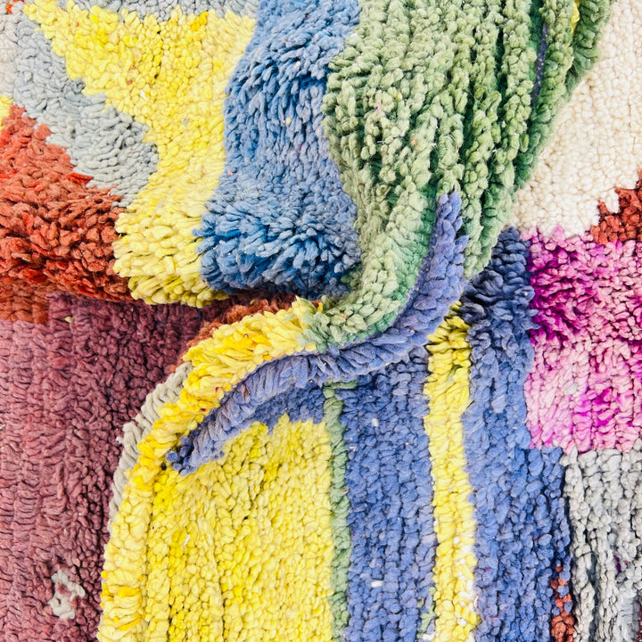 Colorful vintage Moroccan rug with abstract color blocks in green, purple, yellow, cream, and burgundy. Handwoven wool rug.