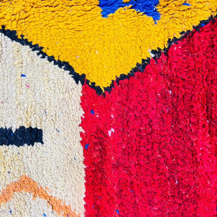 Vintage Moroccan rug 240x165 cm with bold red, yellow, and blue geometric pattern – Rug 651