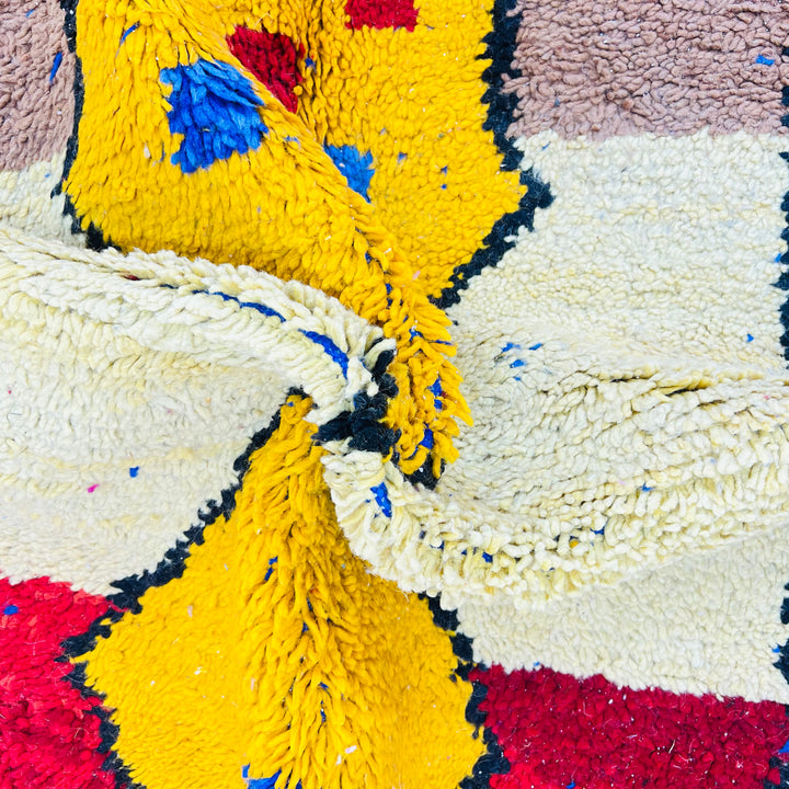 Vintage Moroccan rug 240x165 cm with bold red, yellow, and blue geometric pattern – Rug 651