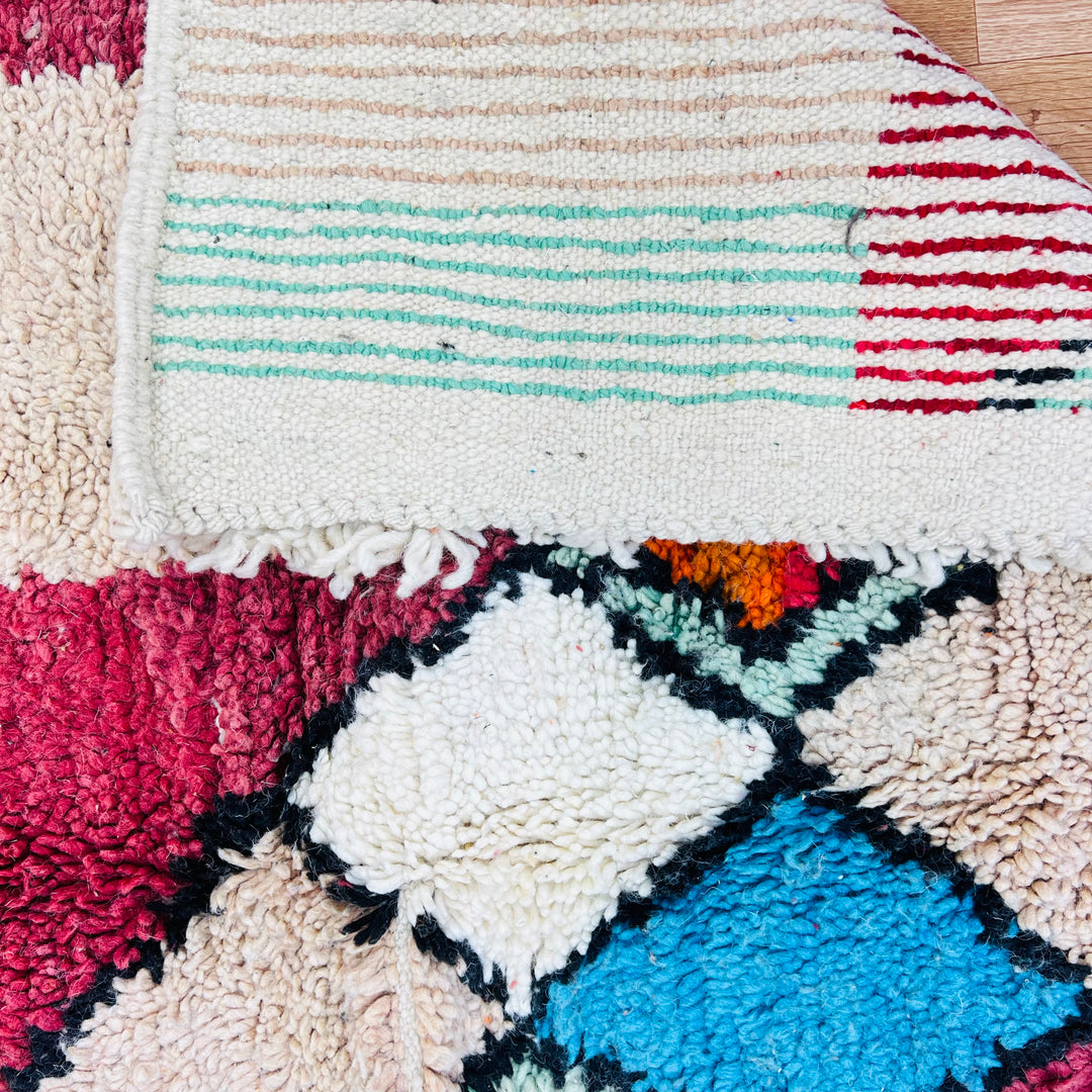 Colorful Vintage Moroccan Wool Rug with red, orange, pink, beige, and blue blocks – Rug No. 702 – 262x154 cm