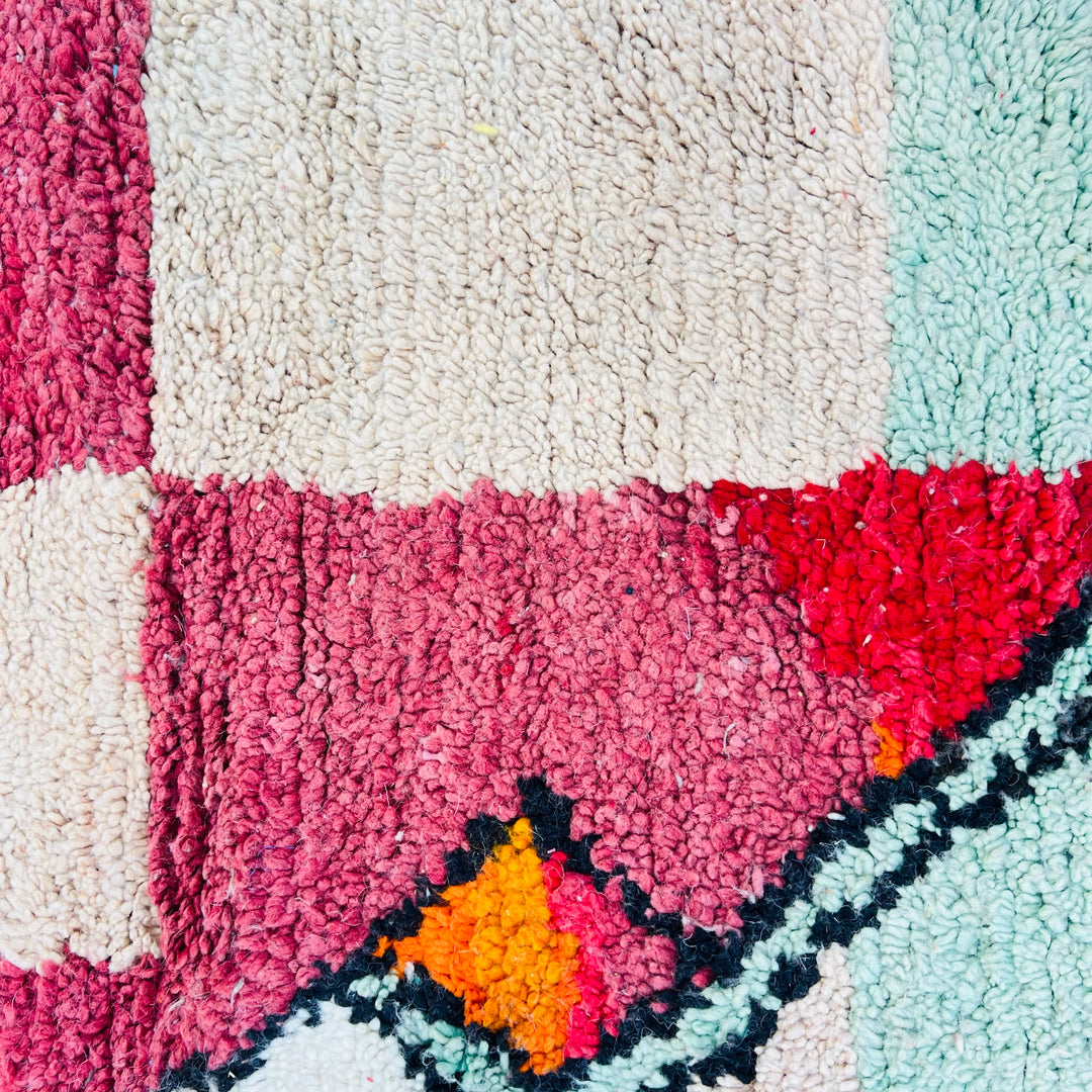 Colorful Vintage Moroccan Wool Rug with red, orange, pink, beige, and blue blocks – Rug No. 702 – 262x154 cm