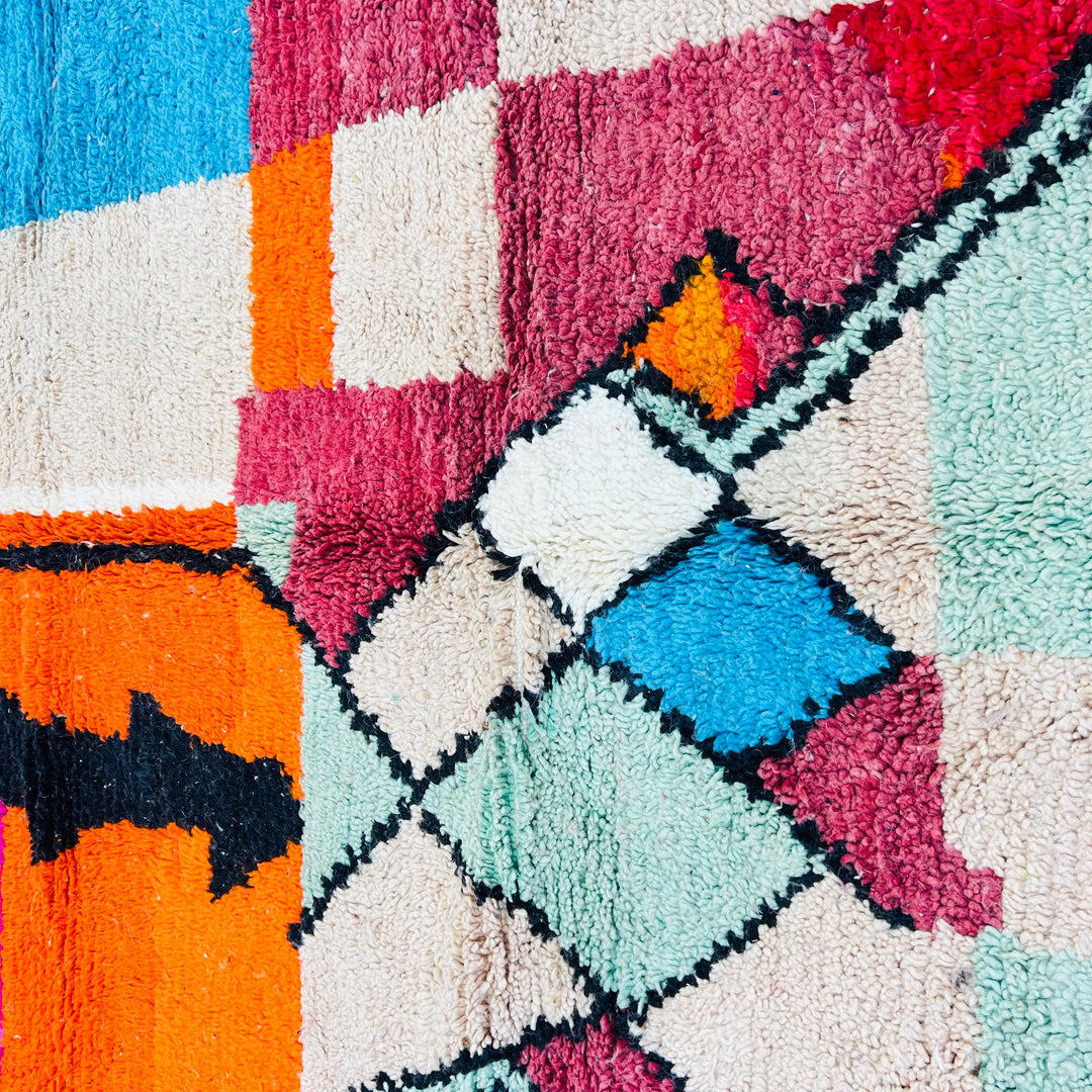 Colorful Vintage Moroccan Wool Rug with red, orange, pink, beige, and blue blocks – Rug No. 702 – 262x154 cm
