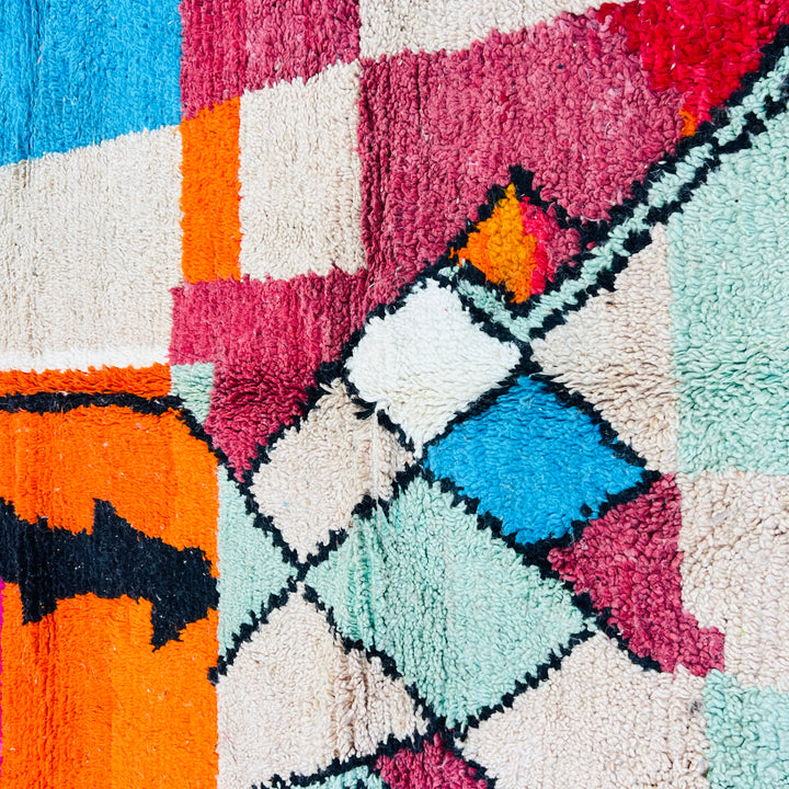 Colorful Vintage Moroccan Wool Rug with red, orange, pink, beige, and blue blocks – Rug No. 702 – 262x154 cm