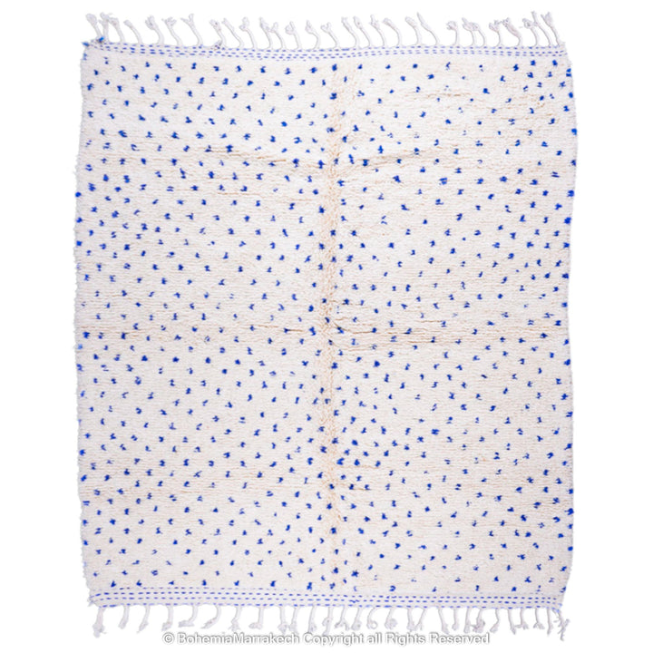 Large white Moroccan Beni Ourain rug with blue dots, handwoven wool, traditional Moroccan carpet, 8x10, perfect for modern decor.