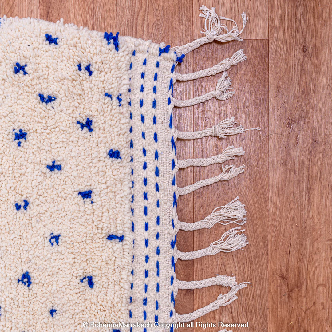Large White Moroccan Rug with Blue Dots, Wool Beni Ourain, Berber Handwoven, Moroccan Berber Rug