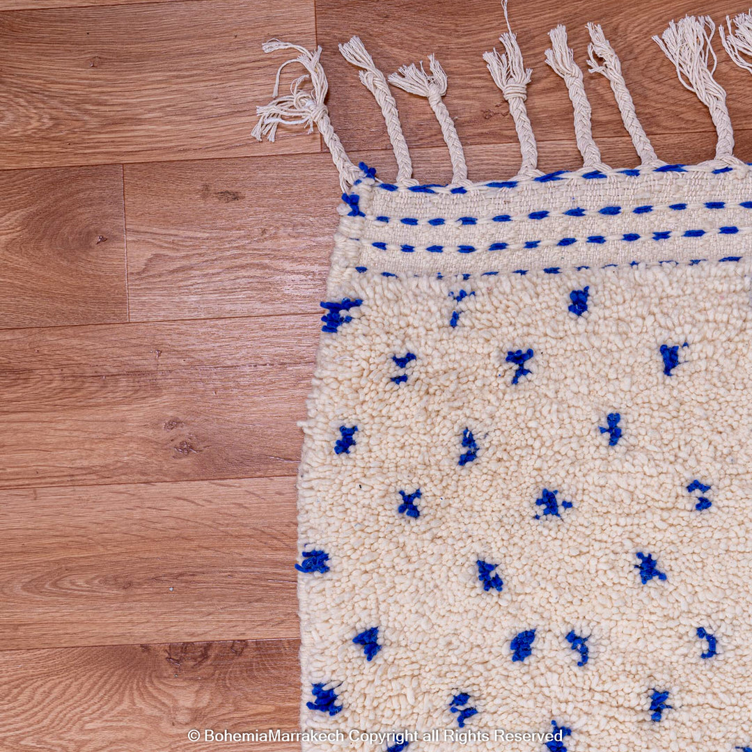 Large White Moroccan Rug with Blue Dots - 100% Wool, Beni Ourain, Handwoven Berber Craftsmanship, Ideal for Boho Decor