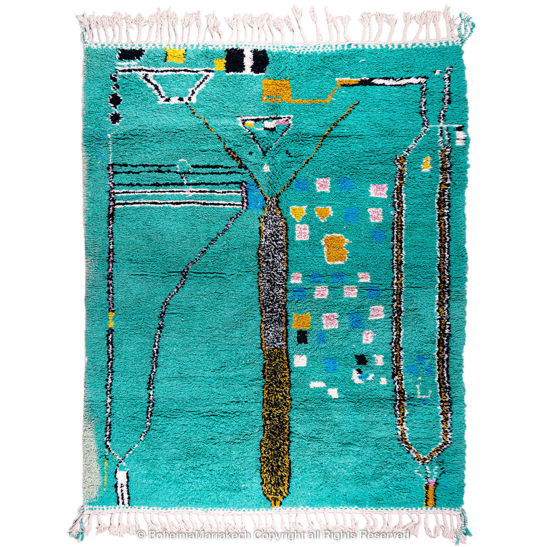 Handwoven green Moroccan Boujad rug with abstract Berber lines and colorful wool symbols