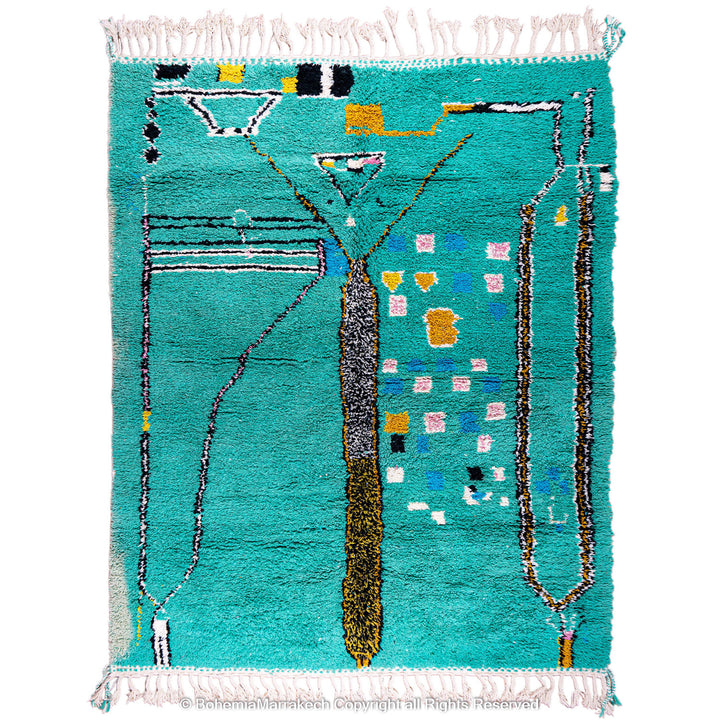 Handwoven green Moroccan Boujad rug with abstract Berber lines and colorful wool symbols