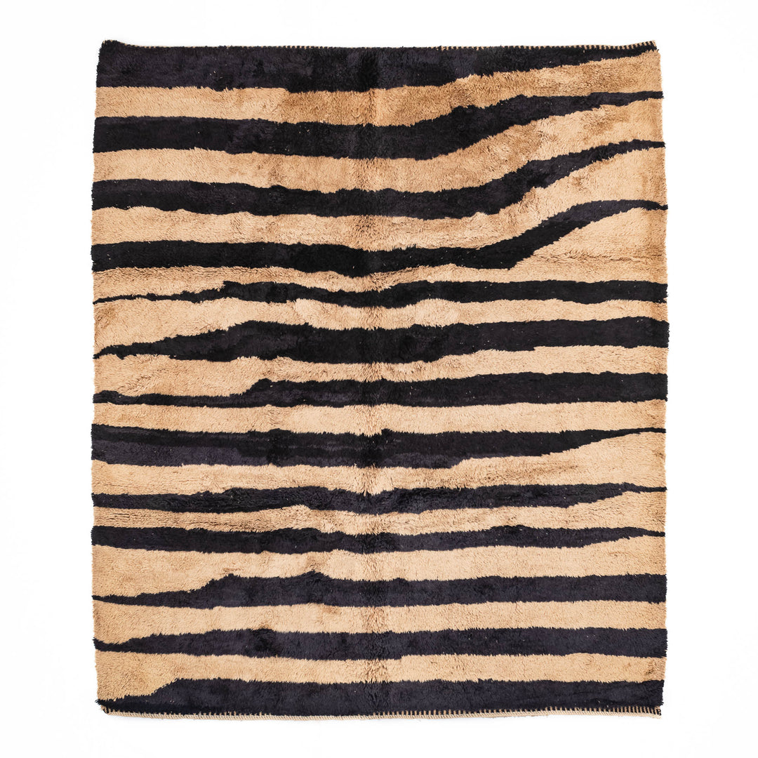 Luxury Beni Mrirt Moroccan rug with black beige zebra stripes, handwoven wool, traditional design from the Atlas Mountains, 8x10.