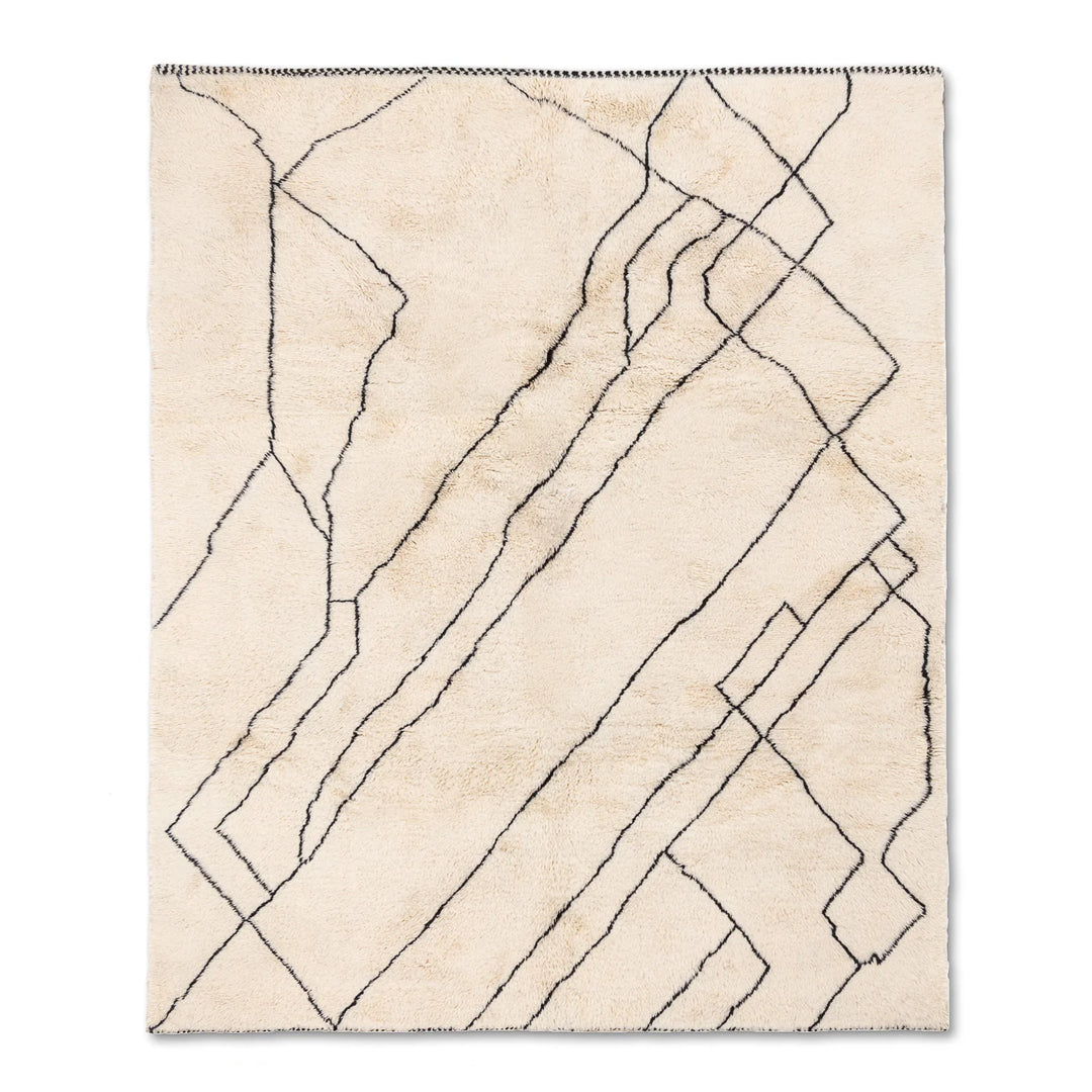 Handwoven Cream Moroccan Beni Mrirt Rug with Black Abstract Lines