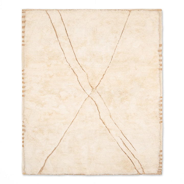 Minimalist cream Moroccan Beni Mrirt rug with X-shaped design from Morocco. Luxurious wool rug ideal for modern and traditional decor.