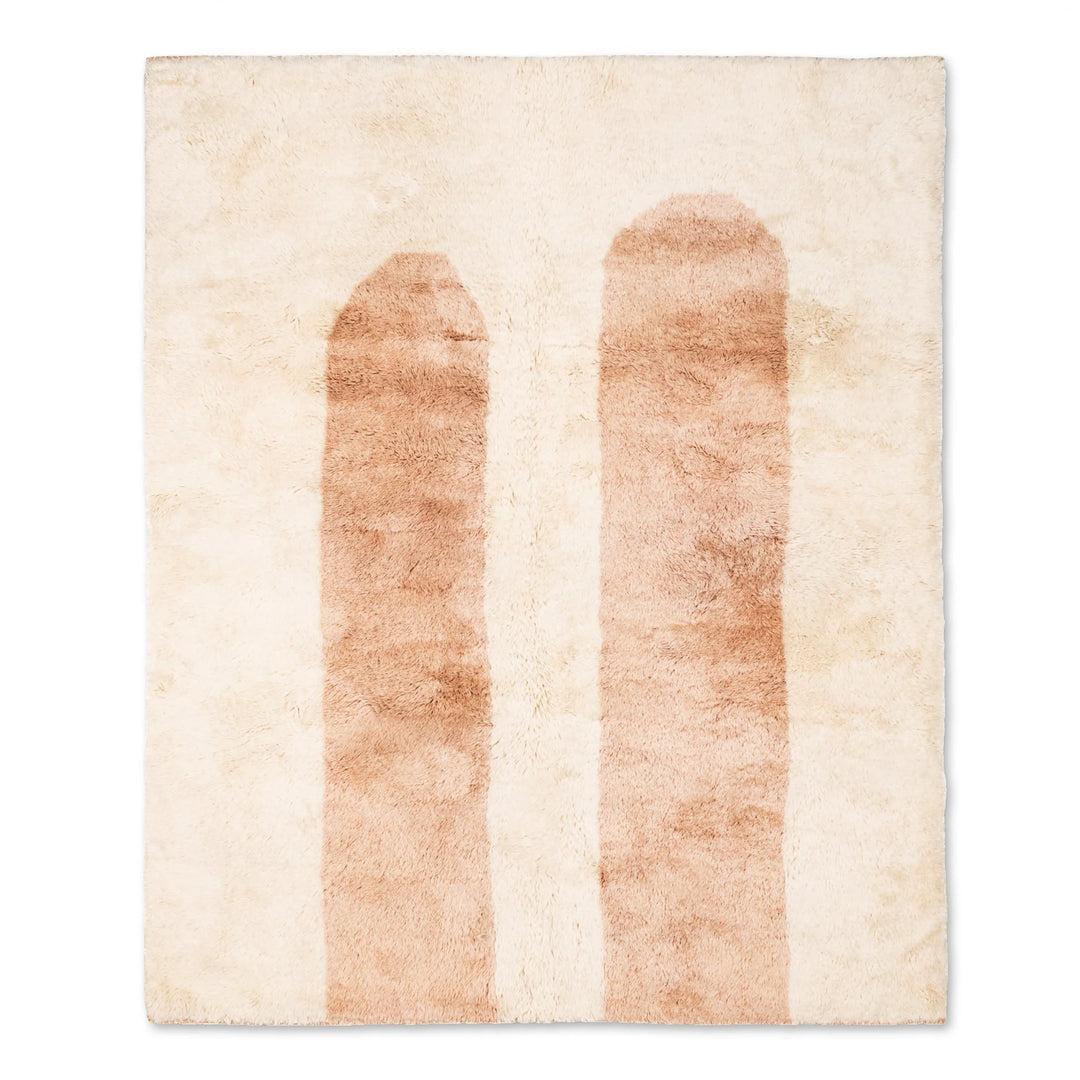 Minimalist Moroccan wool rug with twin peach stripes on a cream background, ideal for serene modern interiors. Handmade and customizable.
