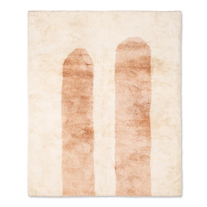 Minimalist Moroccan wool rug with twin peach stripes on a cream background, ideal for serene modern interiors. Handmade and customizable.