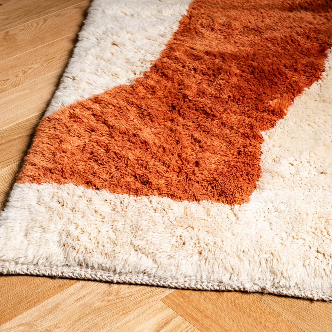 Modern Abstract Moroccan Wool Rug in Terracotta and Beige, Featuring Earthy Hues and Plush Texture, Handmade by Moroccan Artisans