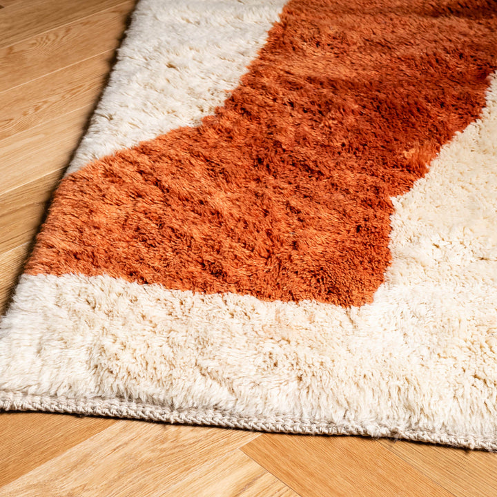 Modern Abstract Moroccan Wool Rug in Terracotta and Beige, Featuring Earthy Hues and Plush Texture, Handmade by Moroccan Artisans