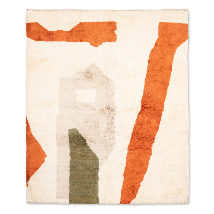 Modern abstract Moroccan wool rug with terracotta, beige, and olive green design. Handcrafted Berber area rug.