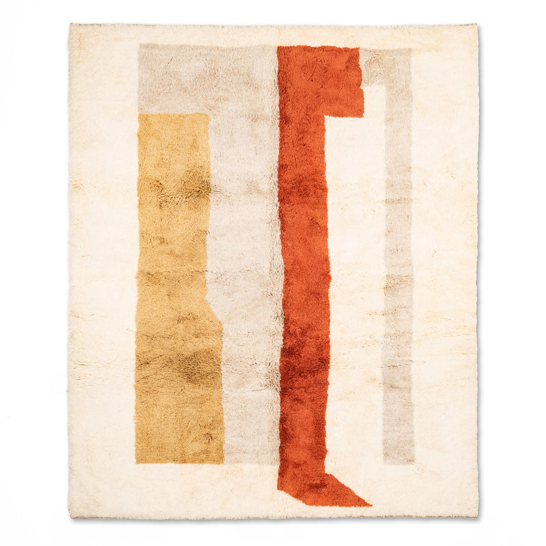 Modern Moroccan wool rug with abstract terracotta and ochre design, 8x10, crafted by artisans for contemporary spaces.