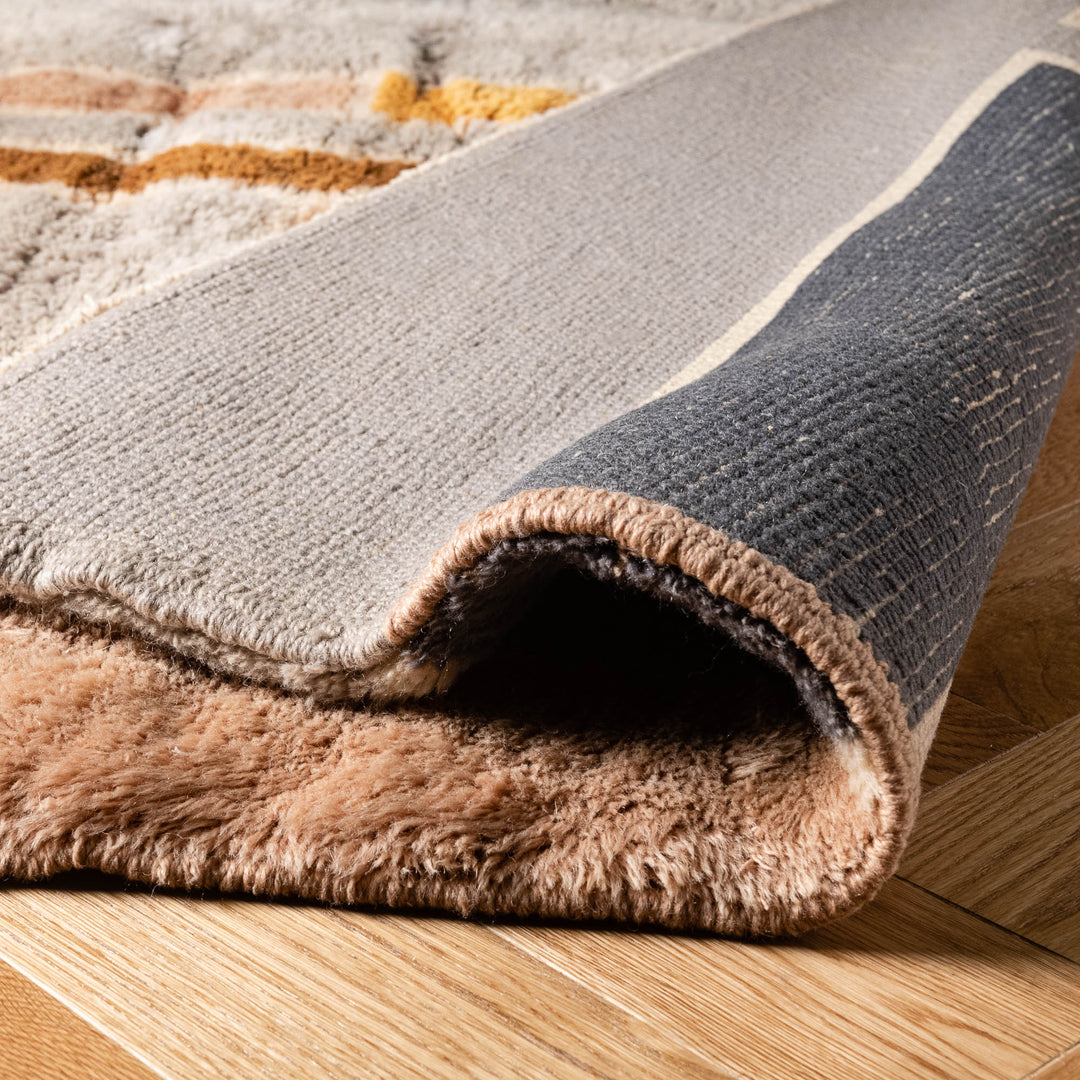 Modern Beni Mrirt Moroccan wool rug in neutral tones, showcasing plush texture and geometric design, ideal for minimalist interiors.