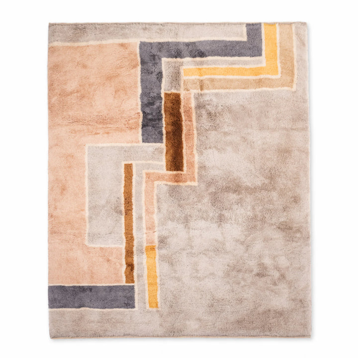 Modern Beni Mrirt Moroccan wool rug with geometric pattern in peach, taupe, sand, ochre, and slate. Perfect for contemporary interiors.