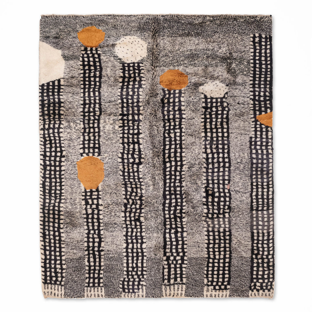 Handwoven Modern Moroccan Beni Mrirt Rug with black grid pattern, ochre and ivory circles on gray wool. Moroccan wool rug.