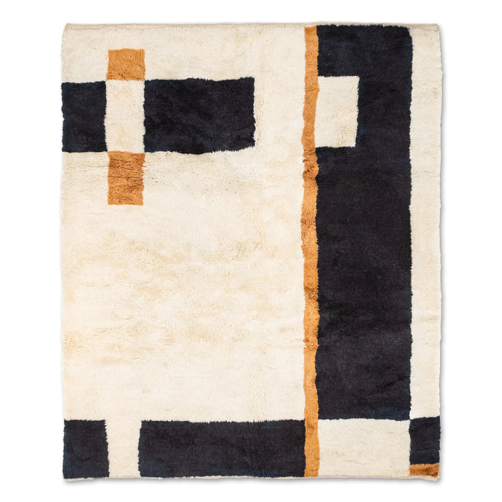 Modern geometric Moroccan Beni Mrirt rug featuring black, ivory, and amber blocks, perfect for contemporary interiors.