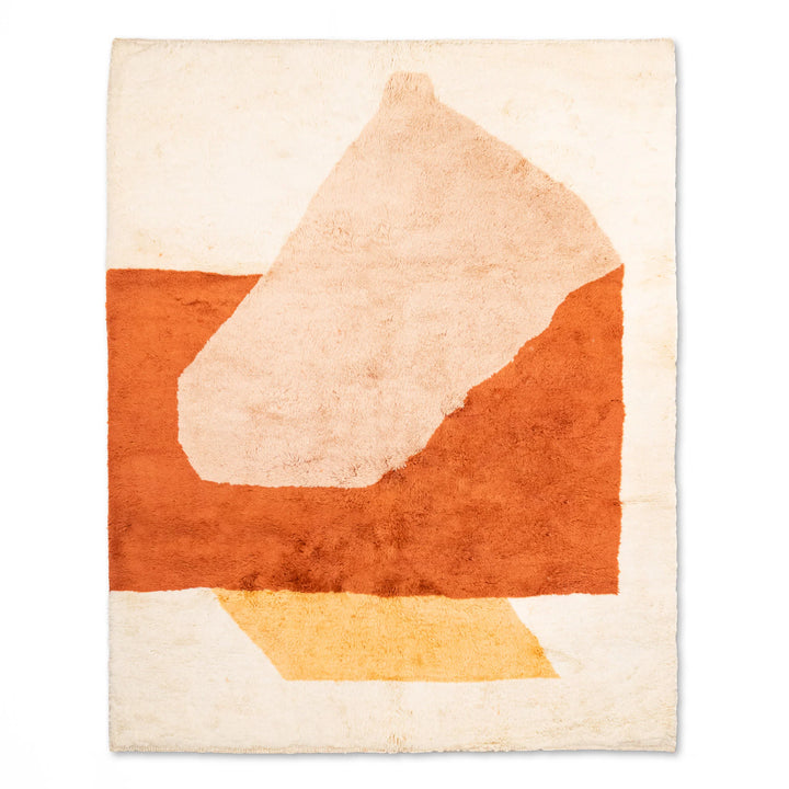 Modern Moroccan wool rug with abstract terracotta, beige, and golden accents. Handmade Berber style, adds contemporary flair.