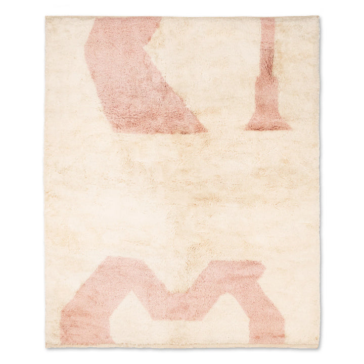 Modern Pink Abstract Beni Mrirt Moroccan Wool Rug with Minimalist Rose-Pink Patterns on Ivory Background.