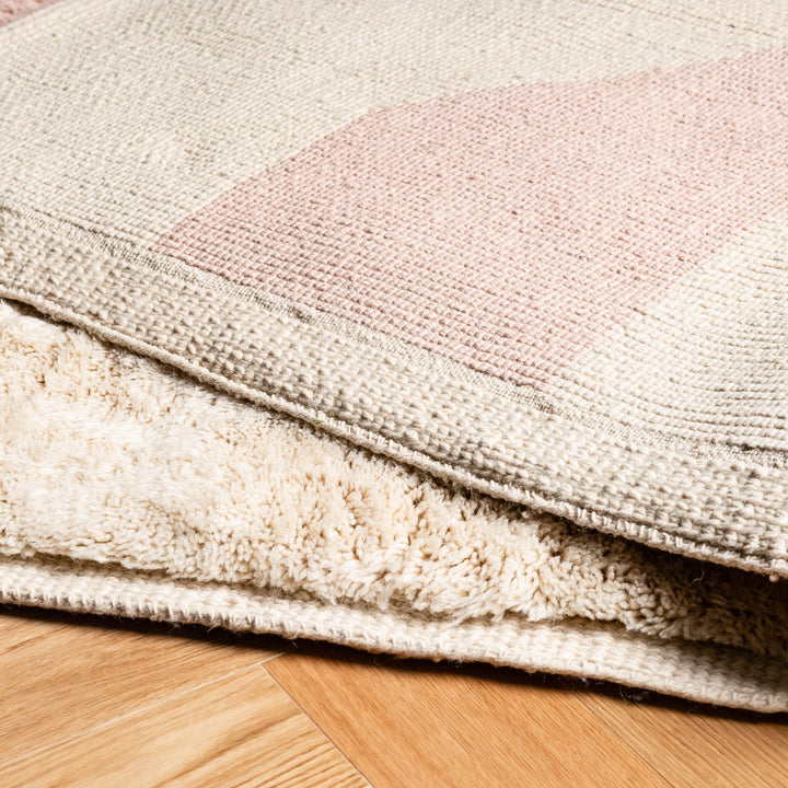 Modern Pink Abstract Beni Mrirt Moroccan Wool Rug with soft ivory and rose-pink design, perfect for minimalist and boho decor.