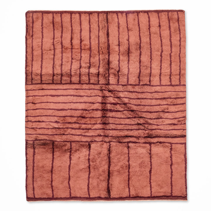 Terracotta Beni Mrirt rug, handwoven Moroccan Berber art with geometric stripes, premium wool, perfect for living rooms or offices.