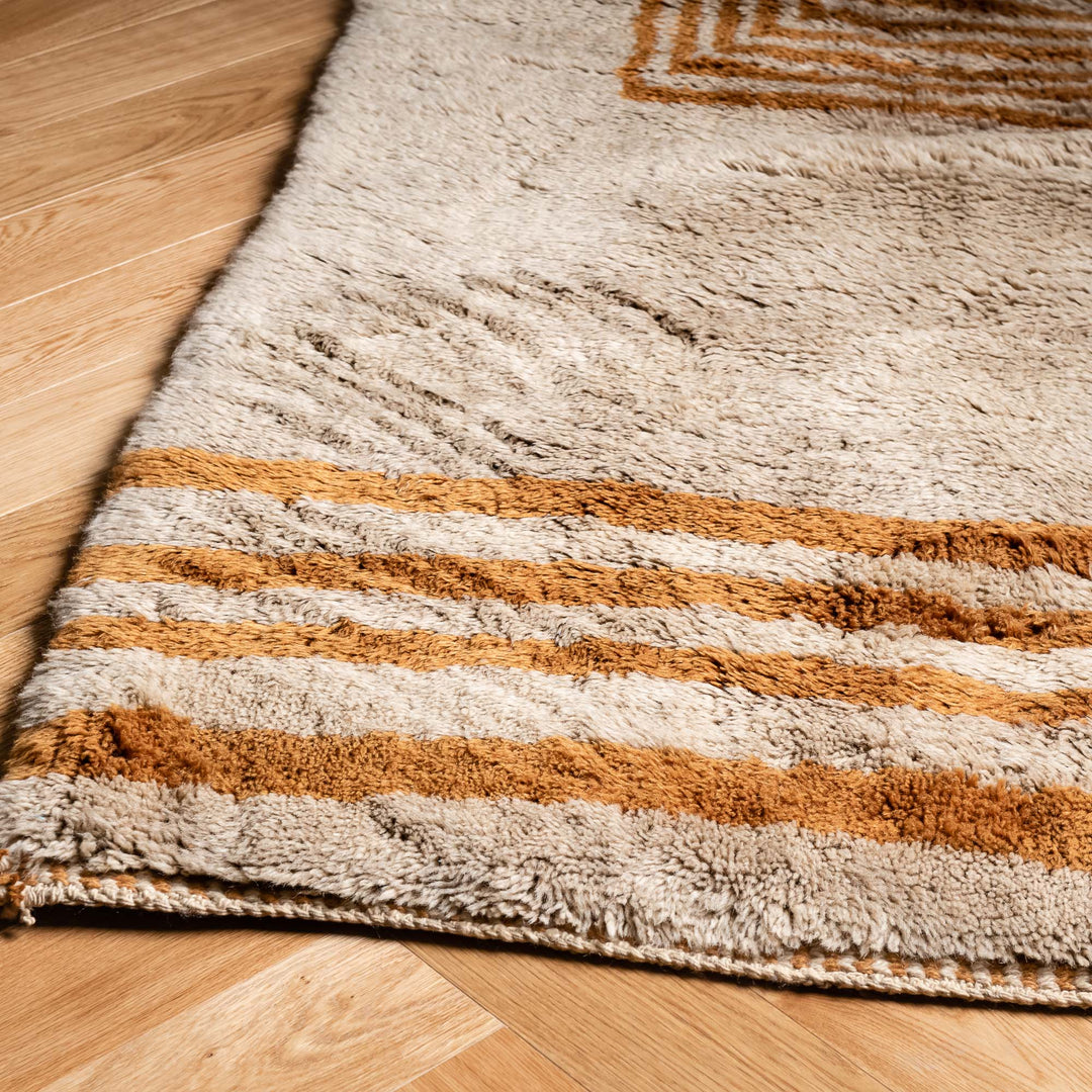 Modern Tribal Beni Mrirt Moroccan Wool Rug, Beige with Black Berber Symbols, Handwoven Traditional Carpet
