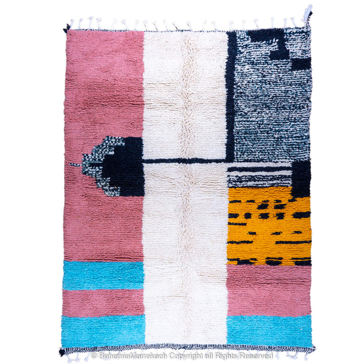 Colorful Moroccan Beni Ourain rug with diamond patterns, handmade from wool by Berber women