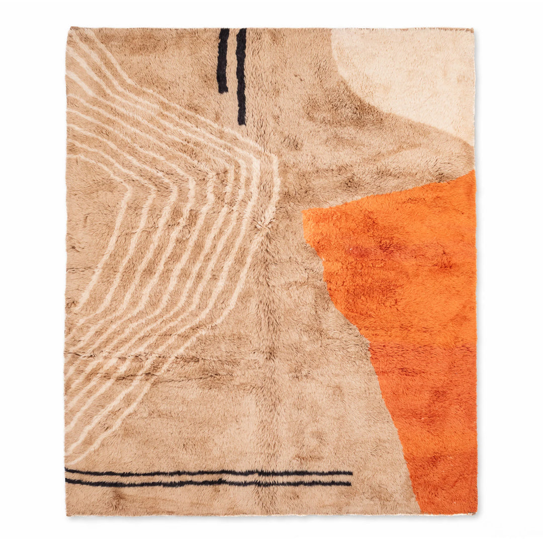 Handwoven brown Moroccan wool rug with abstract modern pattern and orange accent – Beni Mrirt style