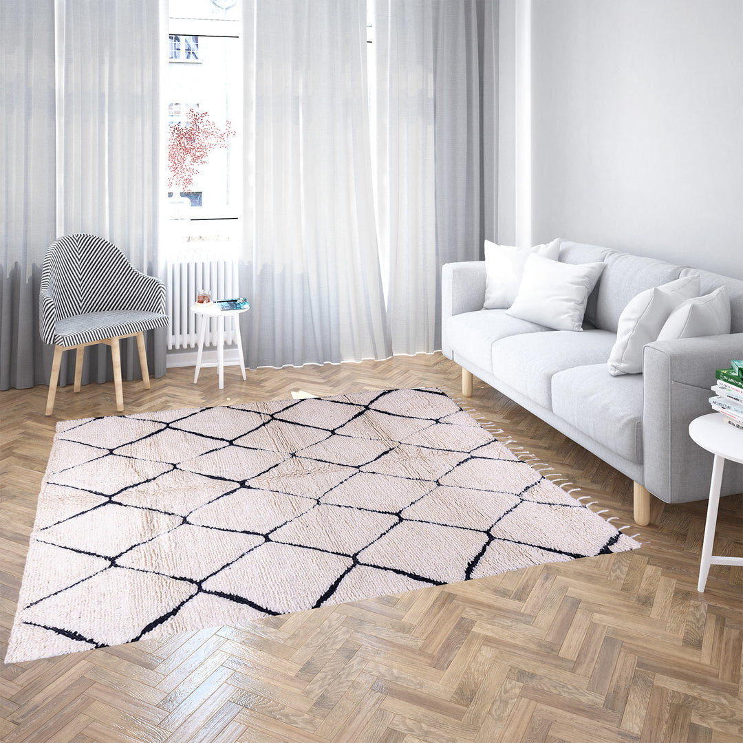 Hand-knotted Beni Ourain Moroccan wool rug in black and white diamond pattern