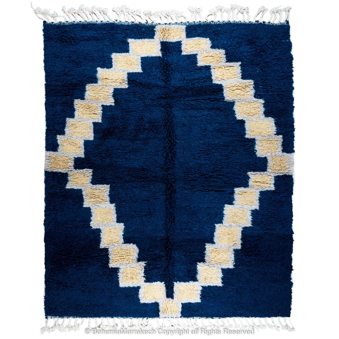 Deep blue Moroccan wool rug with ivory geometric diamond design – handmade Berber shag rug
