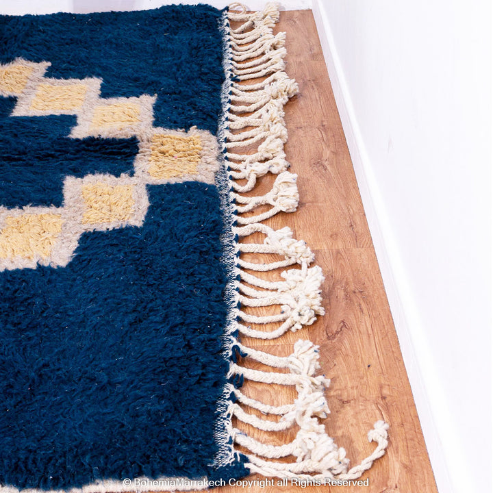Deep blue Moroccan wool rug with ivory geometric diamond design – handmade Berber shag rug