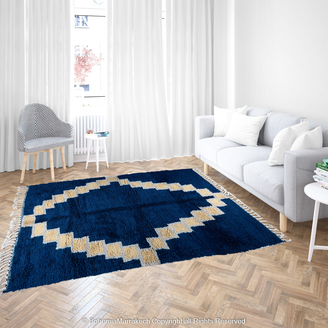 Deep blue Moroccan wool rug with ivory geometric diamond design – handmade Berber shag rug