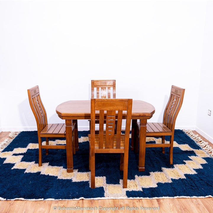 Deep blue Moroccan wool rug with ivory geometric diamond design – handmade Berber shag rug