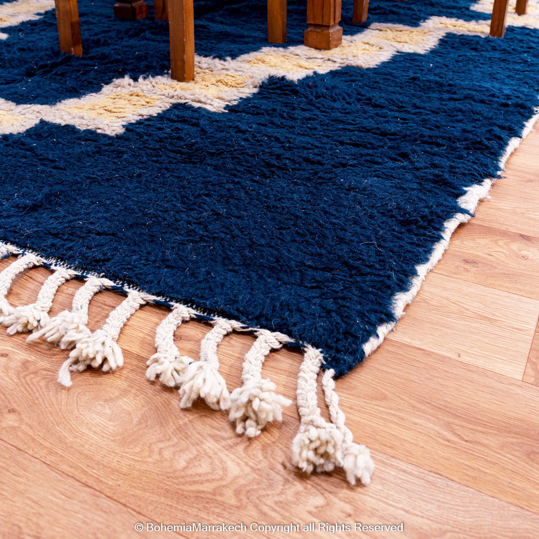 Deep blue Moroccan wool rug with ivory geometric diamond design – handmade Berber shag rug