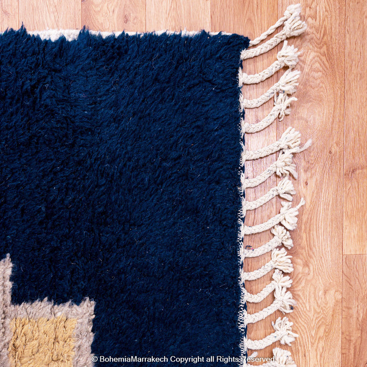 Deep blue Moroccan wool rug with ivory geometric diamond design – handmade Berber shag rug