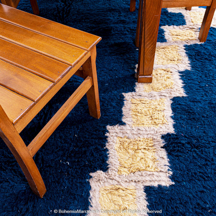 Deep blue Moroccan wool rug with ivory geometric diamond design – handmade Berber shag rug