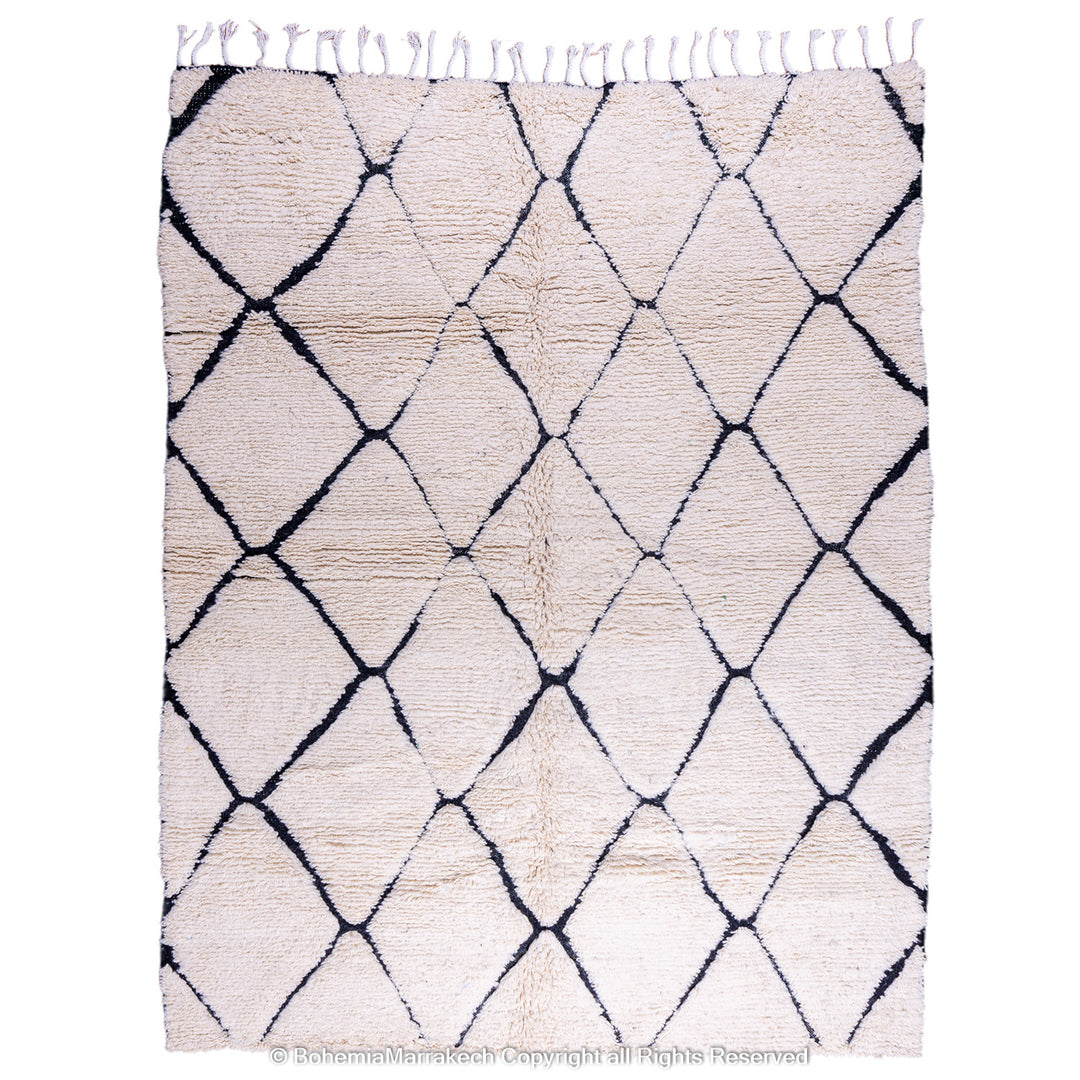 Hand-knotted Beni Ourain Moroccan wool rug in black and white diamond pattern