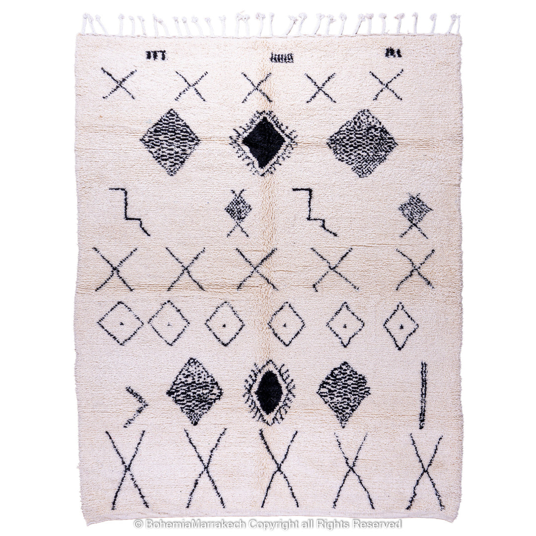 Hand-knotted Beni Ourain Moroccan rug with black tribal diamond patterns on white wool background