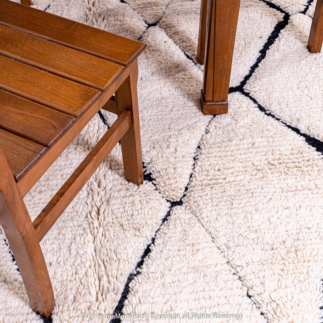 Hand-knotted Beni Ourain Moroccan wool rug in black and white diamond pattern