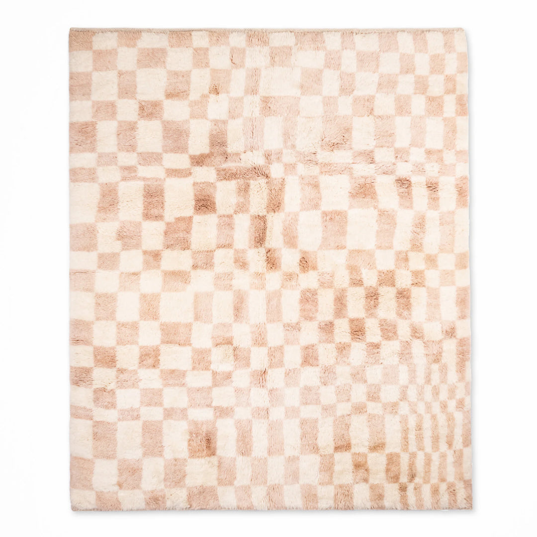 Neutral Checkerboard Moroccan Berber Rug in beige, hand-knotted, crafted from soft wool. Ideal for minimalist interiors and modern spaces.