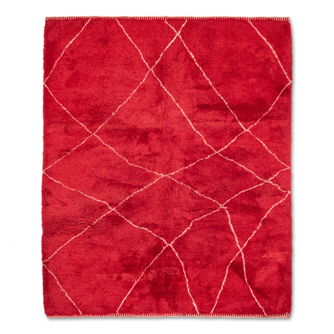 Red Beni Mrirt Moroccan wool rug with white diamond pattern, handmade artisan carpet for elegant home decor, available for sale