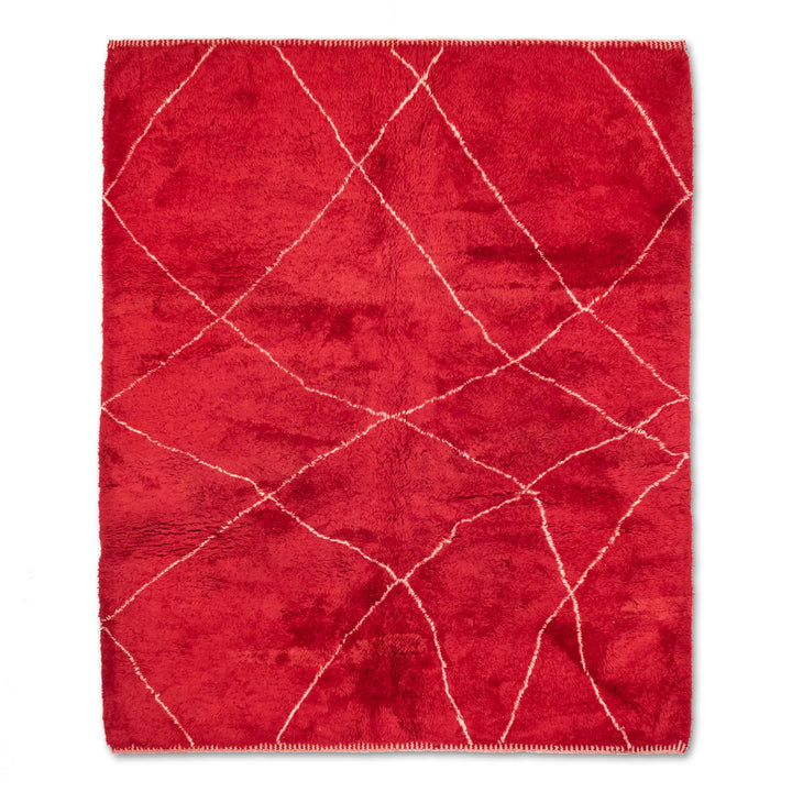 Red Beni Mrirt Moroccan wool rug with white diamond pattern, handmade artisan carpet for elegant home decor, available for sale