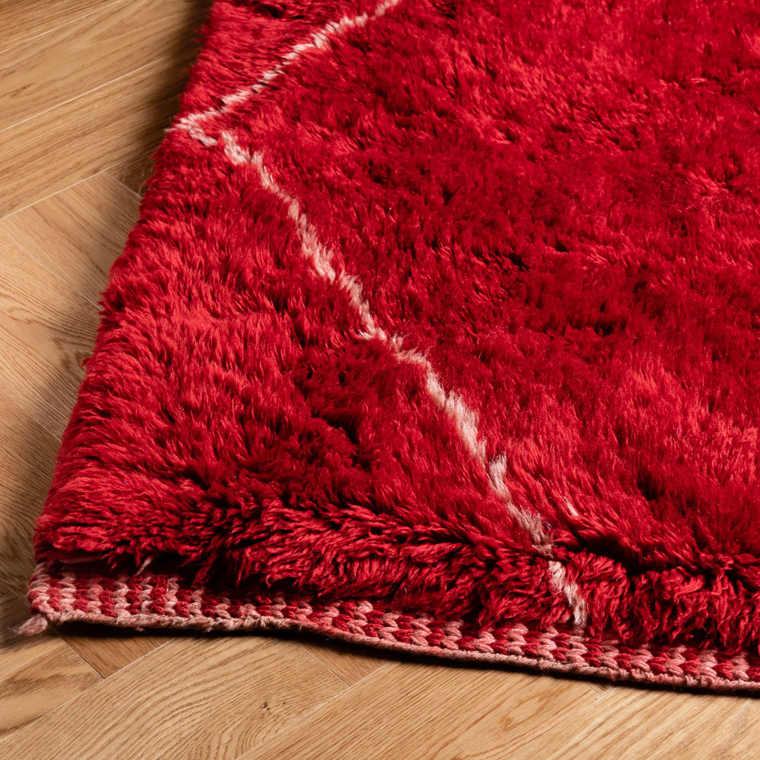 Handmade Red Beni Mrirt Moroccan Wool Rug with White Diamond Lattice, 8x10, Plush and Elegant for Living Room or Bedroom